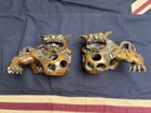 Pair Vintage Chinese Carved Wood Foo Dogs Guardian Lions Openwork Puzzle Ball