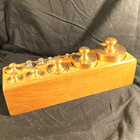 Vintage Balance Scale Weight Set In Wood Holder - Six Brass   Six Steel Weights 