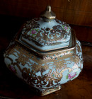 Antique Nippon Hand Painted Porcelain Biscuit Jar With Moriage 6 Sided