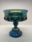 Vintage Blue Carnival Glass Compote Pedestal Bowl Coin Dot Iridescent 5 5 