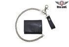 Motorcycle Plain Cowhide Leather Black Biker Tri-fold Chain Wallet