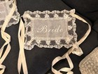 Wedding Bride   Groom Chair Banner White Lace Fabric Square W  Ribbon Ties