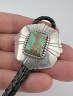 Vtg Navajo Sterling Silver Stamped Rectangle Kingman Turquoise Bolo Tie 1 5 8 