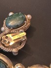 Vintage Gold Tone Coro Green Stone Cabochon   Imitation Pearl Bracelet Earrings