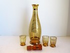 Vintage Amber Glass Decanter And 3 Cups Gold Stripes Stopper Retro 12  Tall