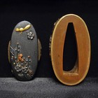 Unusual Fuchi Kashira Shakudo Japan Engraved Plum Tree Antique Sword Fittings