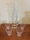 Vintage Mcm Etched Glass Martini Pitcher With 4 Etched Cocktail Glasses