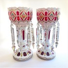Antique Pair Of Bohemian Lusters With Prisms White Overlay With Cranberry Luster