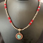 Blue Turquoise   Coral Pendant Navajo Sterling Silver Beads Necklace 21  12581