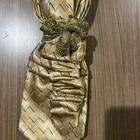 Upcycled Women   s Custom Gold Blue White Necktie Chevron With Gold Brooch 