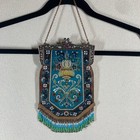 Amia Denver Vintage Hand Painted Victorian Purse Suncatcher Teal Fringed Beaded