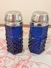 Vintage Cobalt Blue Glass Hexagonal Salt Pepper Shakers Silver Metal Caps