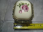 Vintage Japan Ornate Jewelry Trinket Box Porcelain Rose Top Gold Tone Metal