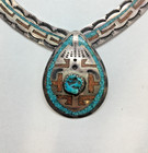 Vintage Navajo Sterling Silver Turquoise   Coral Stamped Collar Necklace