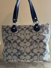 Coach Women   s Tote Logo Pattern Gray blue Zip Closure Lined W  Bag Charm
