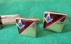 Anson Masonic Gold Tone Ruby Red Tie Clasp Cufflink Set