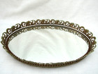 Vintage Filigree Vanity Mirror Dresser Tray 13  Gold Metal Oval