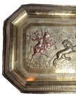 Large Antique Indian Embossed Brass Copper Hunting Tiger Elephant Tray Plaque