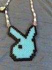 New Blue Glow In The Dark Bunny Kandi Perler Necklace W Trippy Shroom Edm Rave 