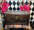Large Chinese Camphor Carved Wood Chest   Brass Lock   Intricate Mid-century