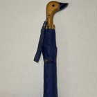 Vintage Raines 1980s Blue Premier Wood Duck Handle Push Button Compact Umbrella