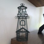 Vtg Metal Lighthouse Candle Holder W Ring For Hanging Green Beach Ocean Decor