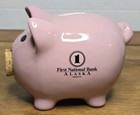 Vintage First National Bank Alaska Pink Ceramic Piggy Bank W  Cork Stopper