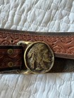 Vintage 70 s Leather Belt Solid Brass Indian Head Nickel Buckle Western Sz M