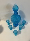 Vintage Hobnail Decanter Shot Glass Cordials Set Grape Clusters Electric Blue