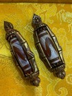 2pcs Rare Tibetan Brass Inlay Old Agate Dzi  tiger Tooth  Turning Bead Pendants