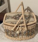 Vtg Wicker Crewel Floral Tapestry Sewing Basket W  Tray Pocket   Supplies