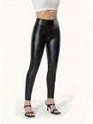 High-waisted Pants With Zipper Closure  Pu Stretchy Leggings  Casual  Elegant