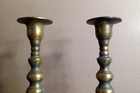 Pair Of Vintage Brass Tall Candlestick Holders 10 Inches Green Patina