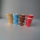 Set Of 4 Vintage Ceramic Tiki Mugs Hawaii Red Blue Brown Tan Luau Barware