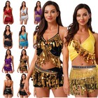 Women Belly Dance Glitter Sequin Fringe Top With Hip Scarf Tassel Halloween Set