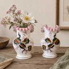 Antique Pair Bristol Glass Vases 8  Hand Painted Birds Pink Ruffled Rim Victoria