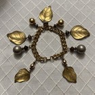 Vintage Chunky Gold Tone Leaves And Faux Pearl Charm Bracelet Beautiful 