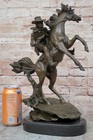 Signed Western Cowboy With Bucking Horse Bronze Sculpture Marble Base Artwork
