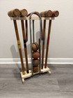 Vintage Wood Croquet Set With Stand 4 Mallets 4 Balls 1 Peg 9 Wickets     