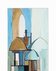 Acrylic Painting On Canvas Cityscape Mid Century Modern Abstract Vintage Blue