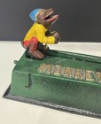 Vintage Cast Iron Mechanical Monkey Coin Bank On Green Base