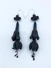 Antique Victorian Mourning Dangle Drop Carved Earrings W  Sterling Hooks