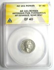 Antoninus Pius Ar Denarius Silver Coin 161 Ad - Certified Anacs Xf40  ef40 