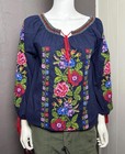 Vintage Embroidered Peasant Blouse Navy Cross Stitch Mexican Top M l