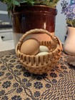 Miniature Hand Woven Splint Oak Buttocks Egg Basket Signed With Blown Out Eggs