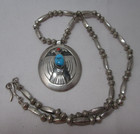 Navajo Native American Sterling Turquoise Coral Pendant Necklace Roy Vandever
