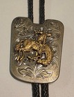 Vintage Cowboy Bolo Tie Bucking Horse Rider Silver Gold Tone Western Rodeo Black