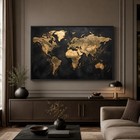 Modern World Map Canvas Wall Art Gold   Black Textured Decor Travel Global