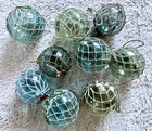 Set Of 9 Authentic Japanese Antique Glass Fishing Floats W  Original Nets