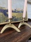 Vintage Mcm Atomic Brass Candle Holders  2  - Curved 3 Leg - Mid-century Modern